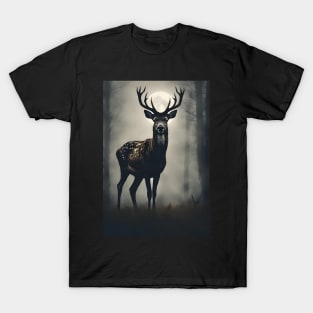 Deer in the Dark Foggy Forest Vintage Art T-Shirt